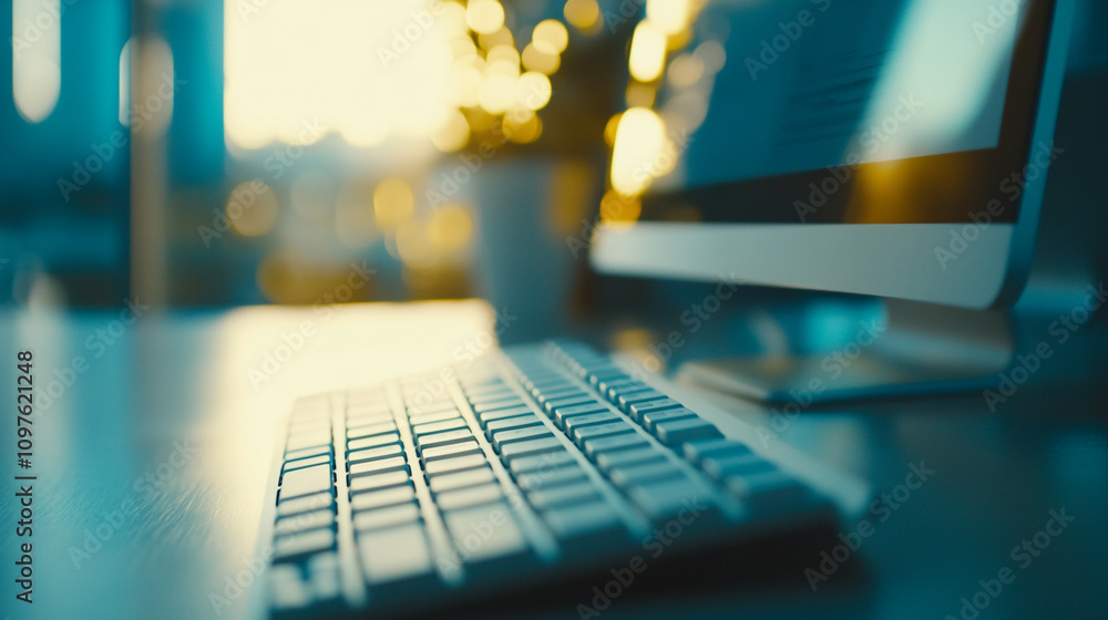 Poster Modern workspace with computer and keyboard in soft evening light