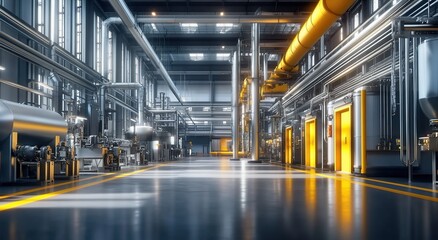 Obraz premium A modern factory floor with high-tech machinery and a large central composition, portraying the advanced technology of an industrial facility.