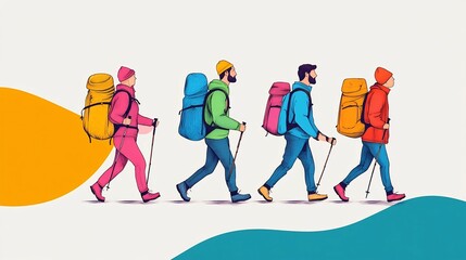Continuous Line Hikers with Gear Walking in Minimalist Flat Design