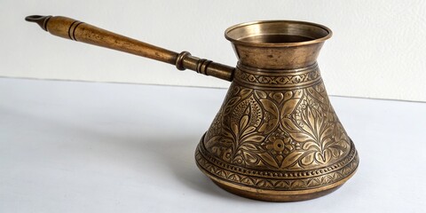 Vintage brass cezve with intricate design on a minimalist white background, isolated, metallic, brassy cezve