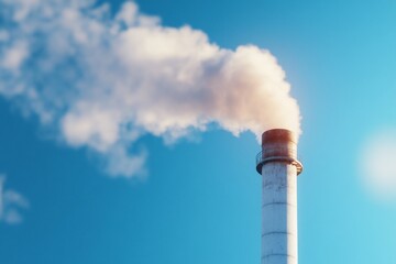 White industrial chimney emitting thick smoke against a clear blue sky.