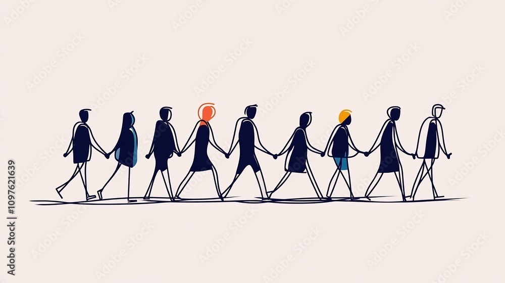 Poster multicultural group walking in continuous line drawing with flat design