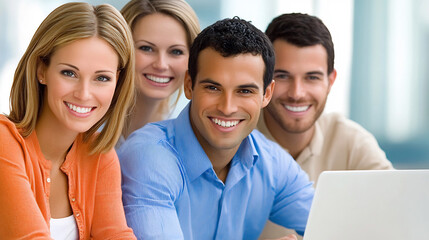 Fototapeta premium Smiling Coworkers Gathered Around Laptop Discussing Business Project