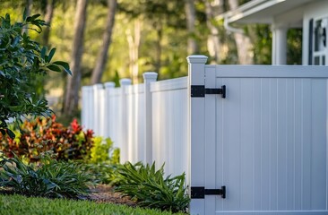 A white vinyl fence with multiple gate posts and a single door, set against the backdrop of an outdoor home in Florida.