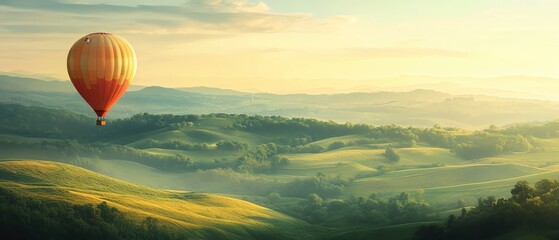 Fototapeta premium A whimsical hot air balloon floating over rolling hills, soft pastel shades of green and yellow in the landscape, clear sky above.