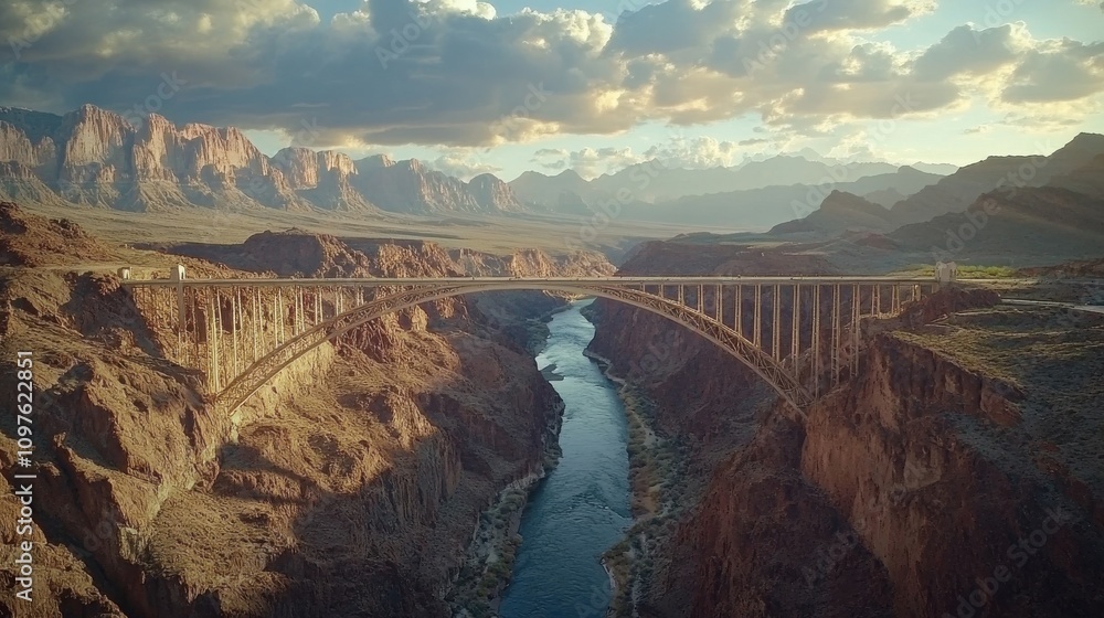 Poster aerial view of a historic bridge spanning a river in a canyon during golden hour with mountains in t