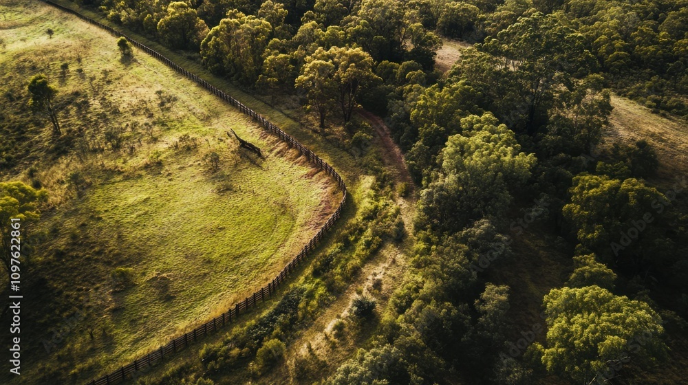 Poster aerial view of a winding fence meandering through lush green fields and dense trees in a rural lands
