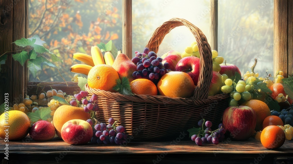 Poster a wicker basket overflowing with vibrant fruits on a sunny windowsill in early autumn surrounded by 