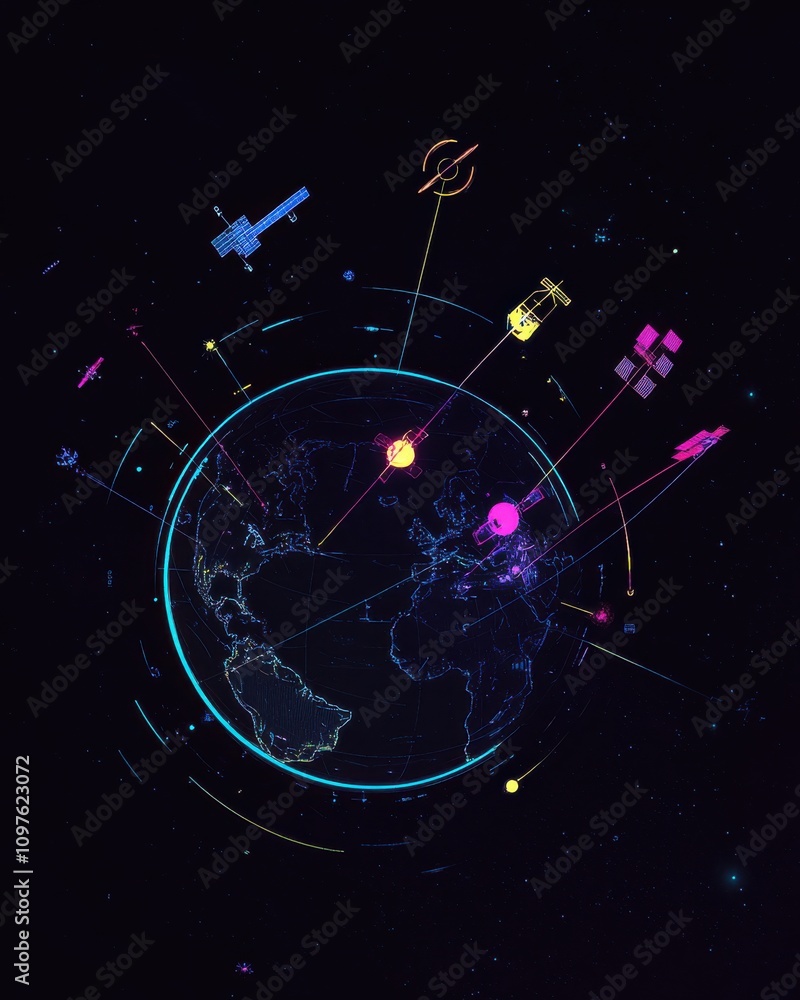 Poster a colorful graphic showcasing global satellite activity in space exploration over earth during the d