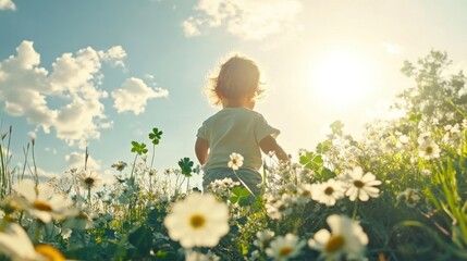 Whimsical floral frame of daisies embracing a child in a sunlit meadow during a bright afternoon
