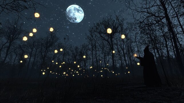 Mysterious night gathering enchanted forest fantasy scene moonlit atmosphere dark imagery enchantment and mystery