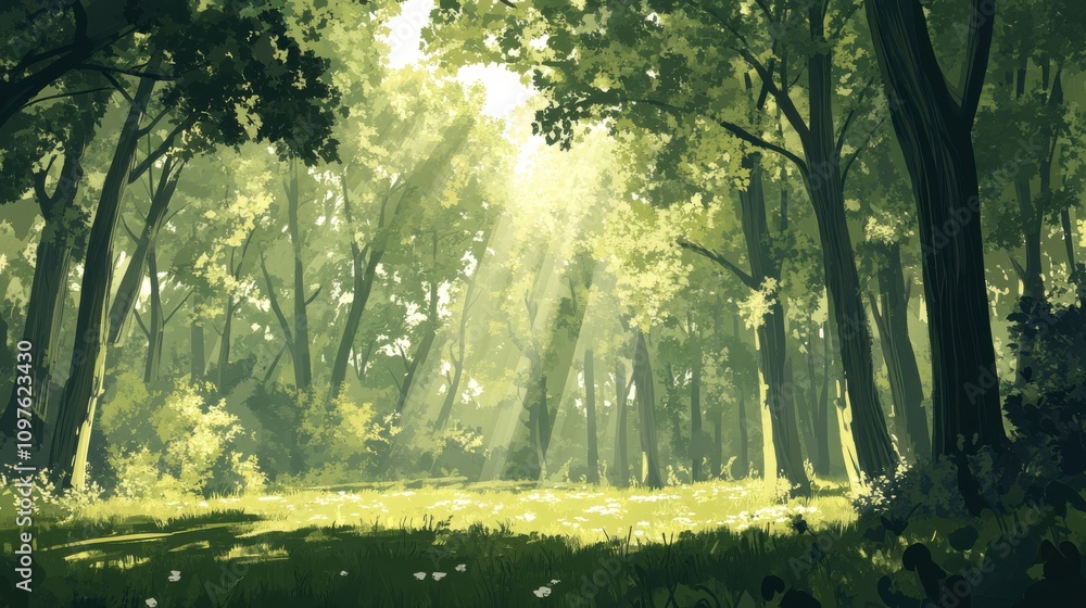 Aufkleber a tranquil forest with tall trees illuminated by sunlight filtering through the leaves in a peaceful