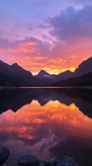 A breathtaking sunset casts vibrant colors over a tranquil mountain lake reflecting the dramatic silhouettes of peaks at dusk