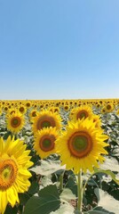 Obraz premium Sunflower fields in full bloom under a clear blue sky during the warm summer months