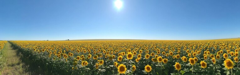Obraz premium A vibrant expanse of sunflower fields under a clear blue sky at midday, showcasing nature's beauty in full bloom