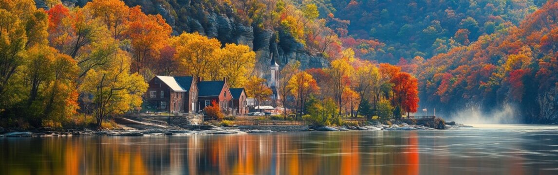 A breathtaking autumn view of historic Harpers Ferry reflecting in the calm waters of the Potomac River at dawn