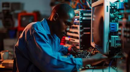 Computer repairman working on repairing computer in IT workshop.