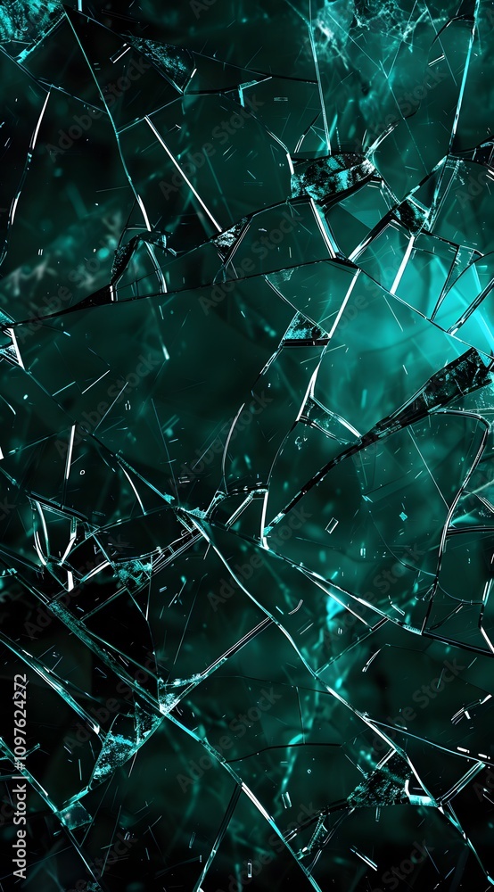 Poster a close-up of broken glass with a teal hue, creating an abstract and artistic effect.