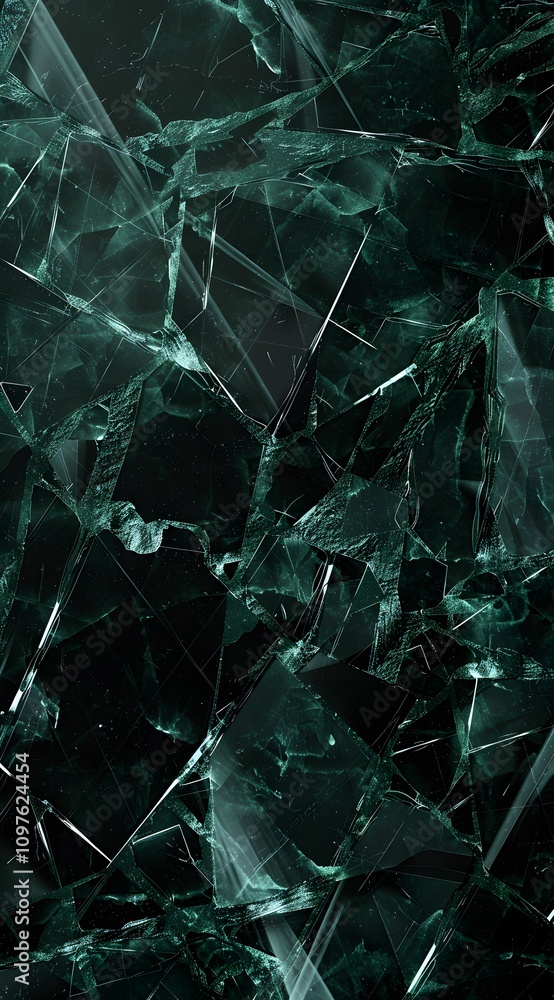 Poster a close-up of fractured dark green glass, showcasing sharp edges and intricate patterns.