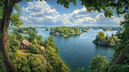 Fototapeta premium Breathtaking panorama of the Thousand Islands showcasing lush greenery, tranquil waters, and vibrant skies during a sunny afternoon