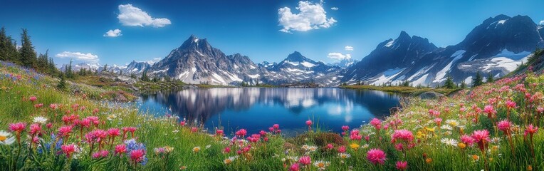 A breathtaking panoramic view of the North Cascades featuring vibrant wildflowers and serene mountain reflections on a sunny day