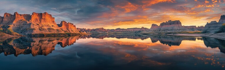 Obraz premium A breathtaking panorama of the Missouri River at sunset highlighting vibrant colors and stunning rock formations along the water’s edge