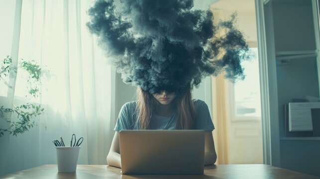 A depressing picture, a girl sitting at her desk working on a laptop, her head exploding and thick black smoke coming out of it.