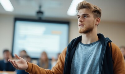 Young male student attentively participates in a classroom lecture, gesturing with his hand.
