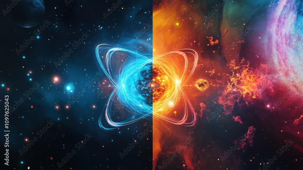 Poster A striking split-screen view of an atom contrasted with a vibrant cosmic background representing energy and matter