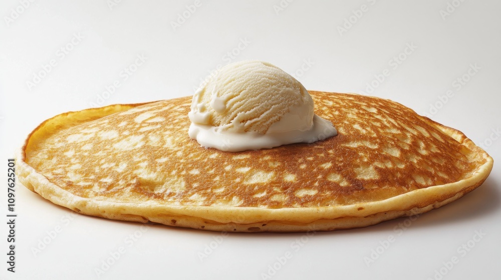 Poster a fluffy pancake topped with a generous scoop of vanilla ice cream, perfect for breakfast or dessert