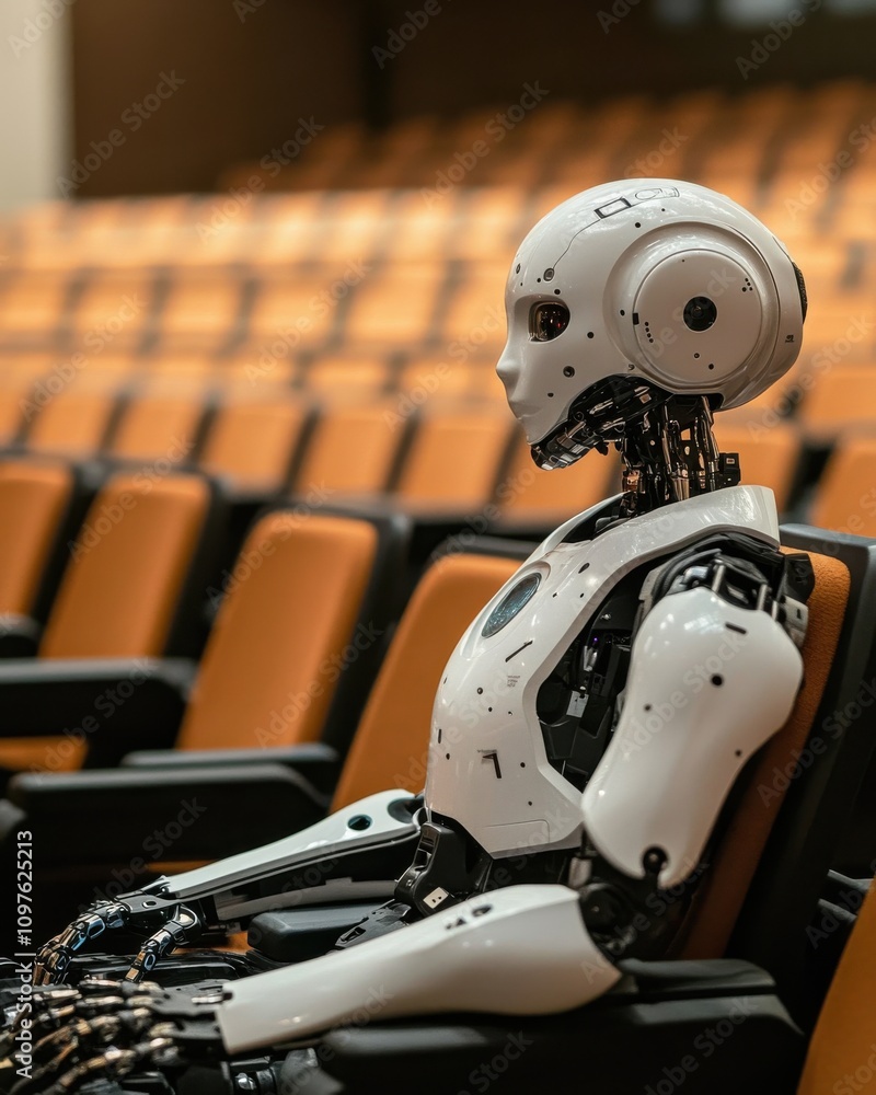 Poster a futuristic robot sits quietly in an auditorium filled with empty orange seats during a technology 