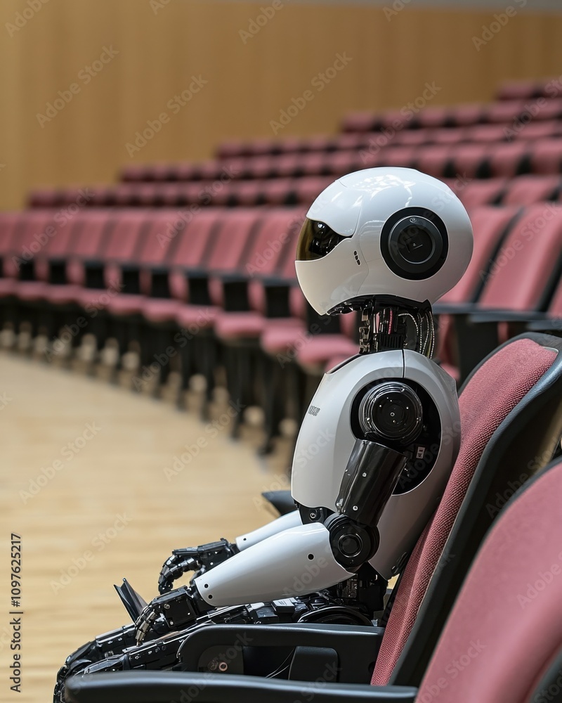 Aufkleber a side-angle view of a humanoid robot sitting upright in an auditorium with empty chairs during a te
