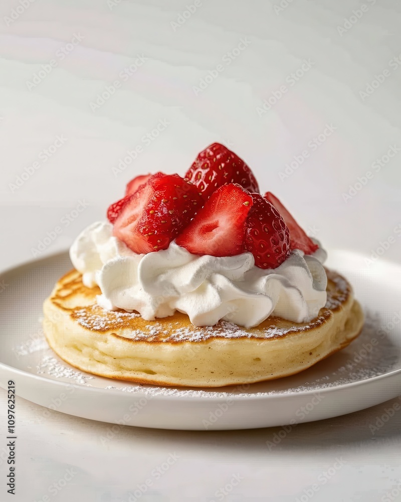 Poster Delicious side view of a fluffy pancake topped with fresh strawberries and whipped cream on a white plate