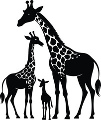 Fototapeta premium Giraffe Family Silhouette Vector: Mother, Calf, and Baby Giraffes Illustration, Wildlife Art, Black and White Graphic, Animal Clipart