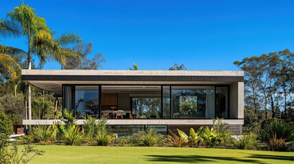 Modern single-storey house surrounded by lush greenery on a sunny day in a tranquil residential area