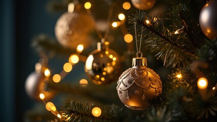 Close-up Golden Christmas Tree Ornaments & Lights