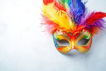 Colorful carnival mask with feathers on white background