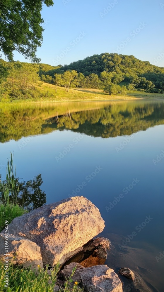 Poster a tranquil view of lake red rock reflecting the serene landscape at golden hour with lush greenery s