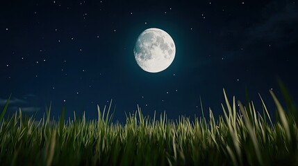 Fototapeta premium A serene night scene featuring a bright moon illuminating a grassy landscape under a starry sky.