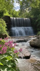 A peaceful view of Minnehaha Falls surrounded by lush greenery and vibrant flowers on a sunny day