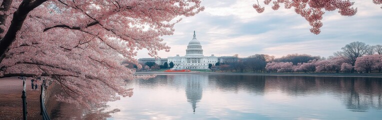 Fototapeta premium A tranquil spring morning at the National Mall with cherry blossoms framing the Capitol Building and calm waters reflecting the scenery
