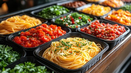 A vibrant display of takeaway pasta trays with various sauces and fresh ingredients ready for customers at a lively food counter