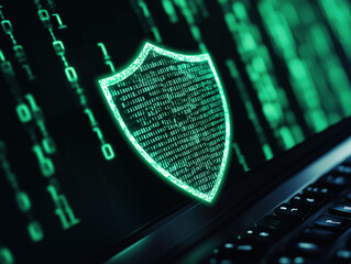 Cybersecurity Shield Over Laptop Keyboard