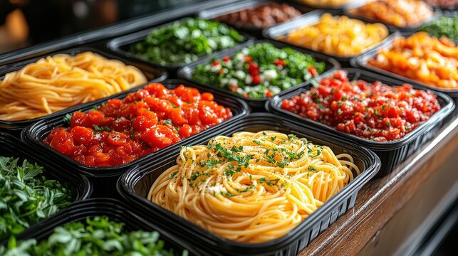 A vibrant display of takeaway pasta trays with various sauces and fresh ingredients ready for customers at a lively food counter