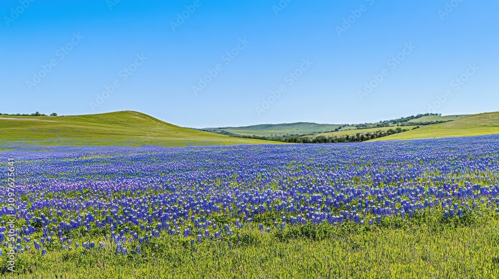 Poster a tranquil afternoon in a vibrant bluebonnet field stretching across the rolling hills under a clear