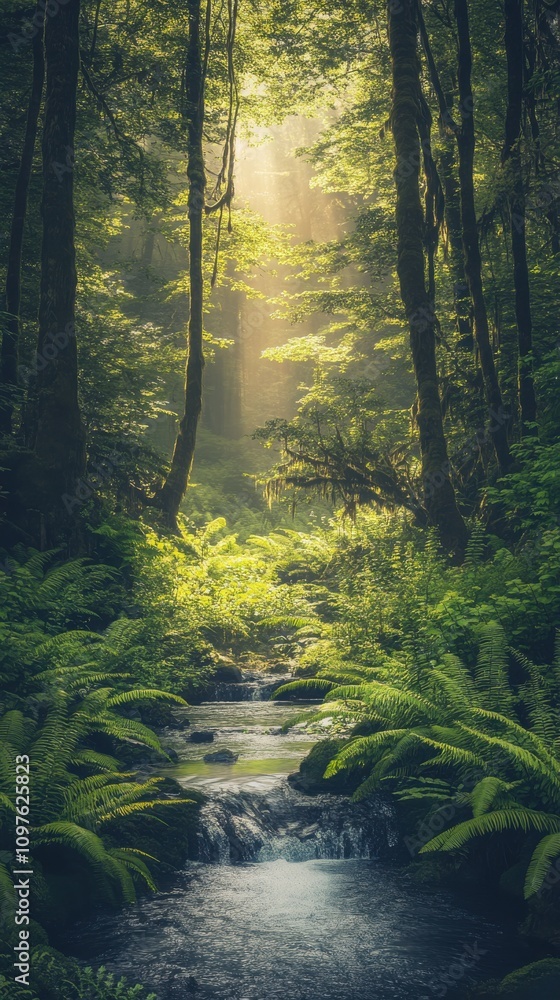 Poster A tranquil afternoon in a lush forest with sunlight filtering through trees and a gentle stream flowing quietly