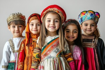 Children wearing traditional ethnic costumes, smiling.