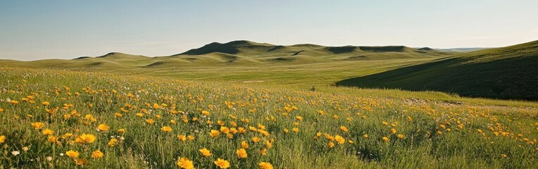 Fototapeta premium A tranquil view of blooming wildflowers along the historic Oregon Trail in the early morning sunlight