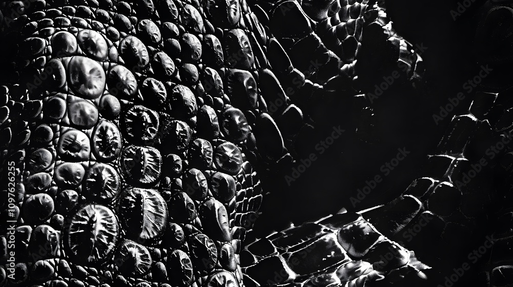 Poster a close-up of textured surfaces resembling scales, showcasing intricate patterns in monochrome.