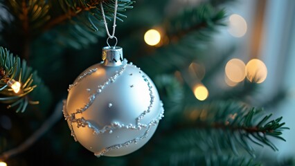 Close-up Silver Christmas Ornament on Green Tree